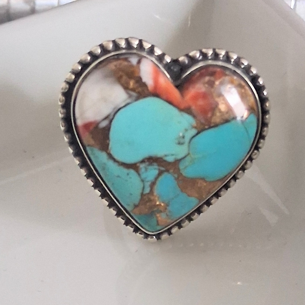 SPINY OYSTER TURQUOISE HEART RING 925 STERLING SILVER SIZE 7 - Picture 3 of 6